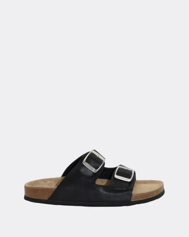 eather double buckle slip on sandal with moulded sole
• Leather upper
• Non leather lining
• Metal buckle
• Designed in Australia
• Made in Vietnam