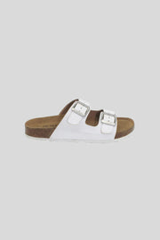 Leather double buckle slip on sandal with moulded soul • Leather upper • Non leather lining • Metal buckle • Designed in Australia • Made in Vietnam