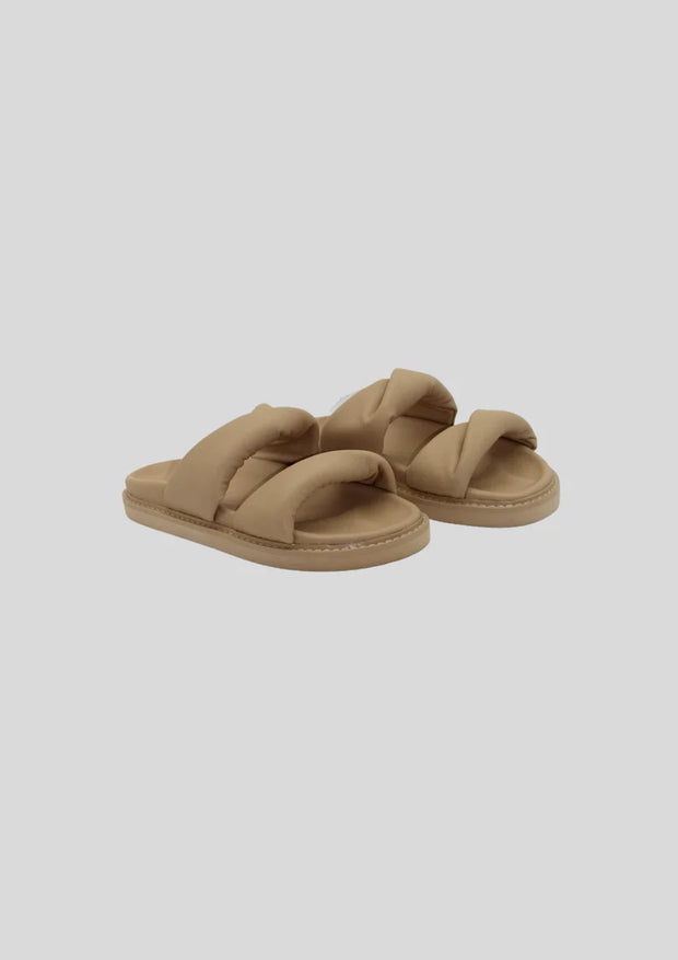 Padded leather twisted straps on a soft footbed  Leather upper  Padded straps  1.5cm moulded sole with footbed leather lining