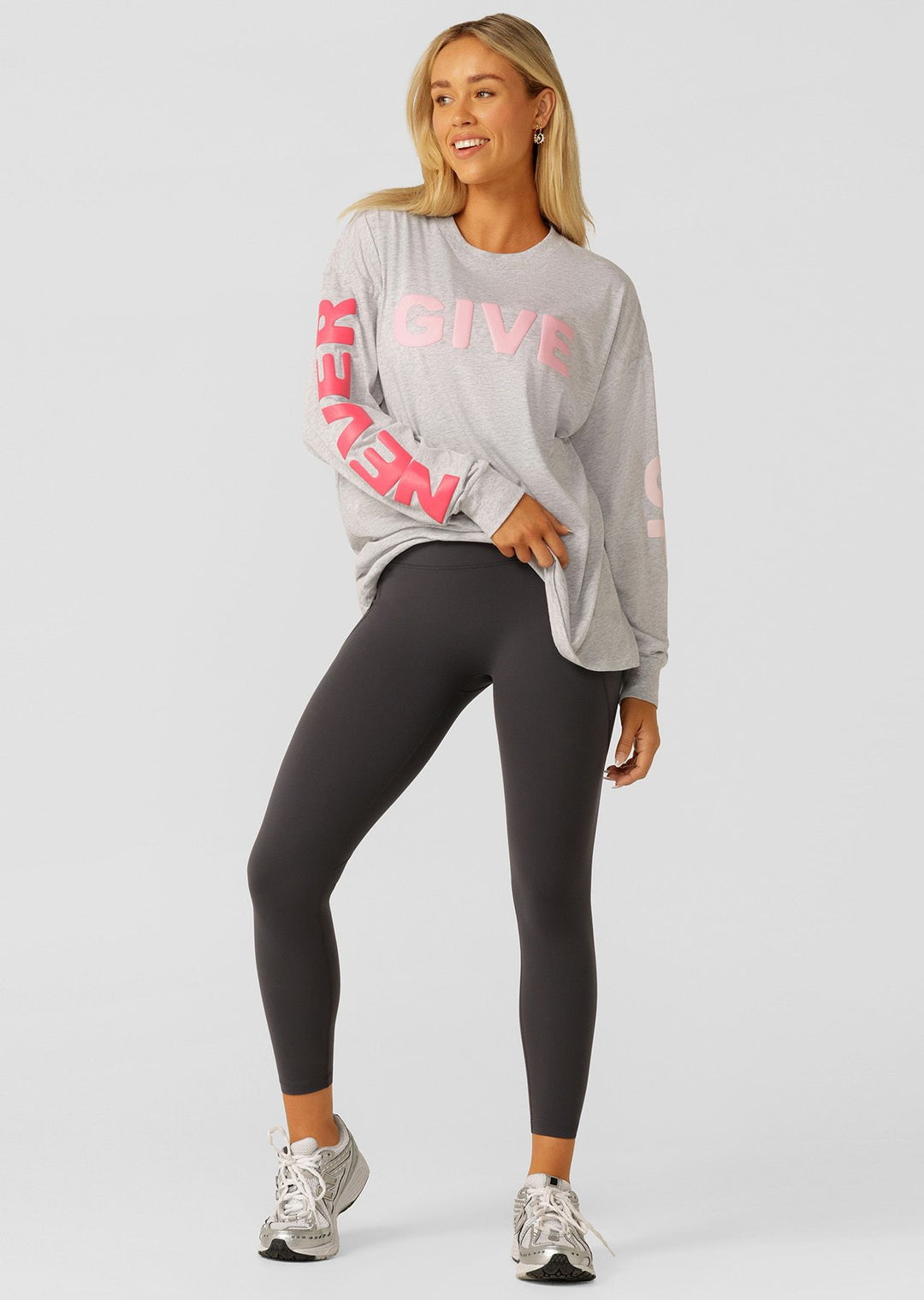 Never Give Up Long Sleeve Relaxed Tee Light Grey Marl Fit Folly