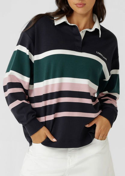 Relaxed Fit
Elevated Yarn Dye Striped Design in a Soft Touch Cotton Fabrication
Rugby Jersey Inspired Design with Contrast Collar and Concealed Button Through Placket
Logo Embroidery