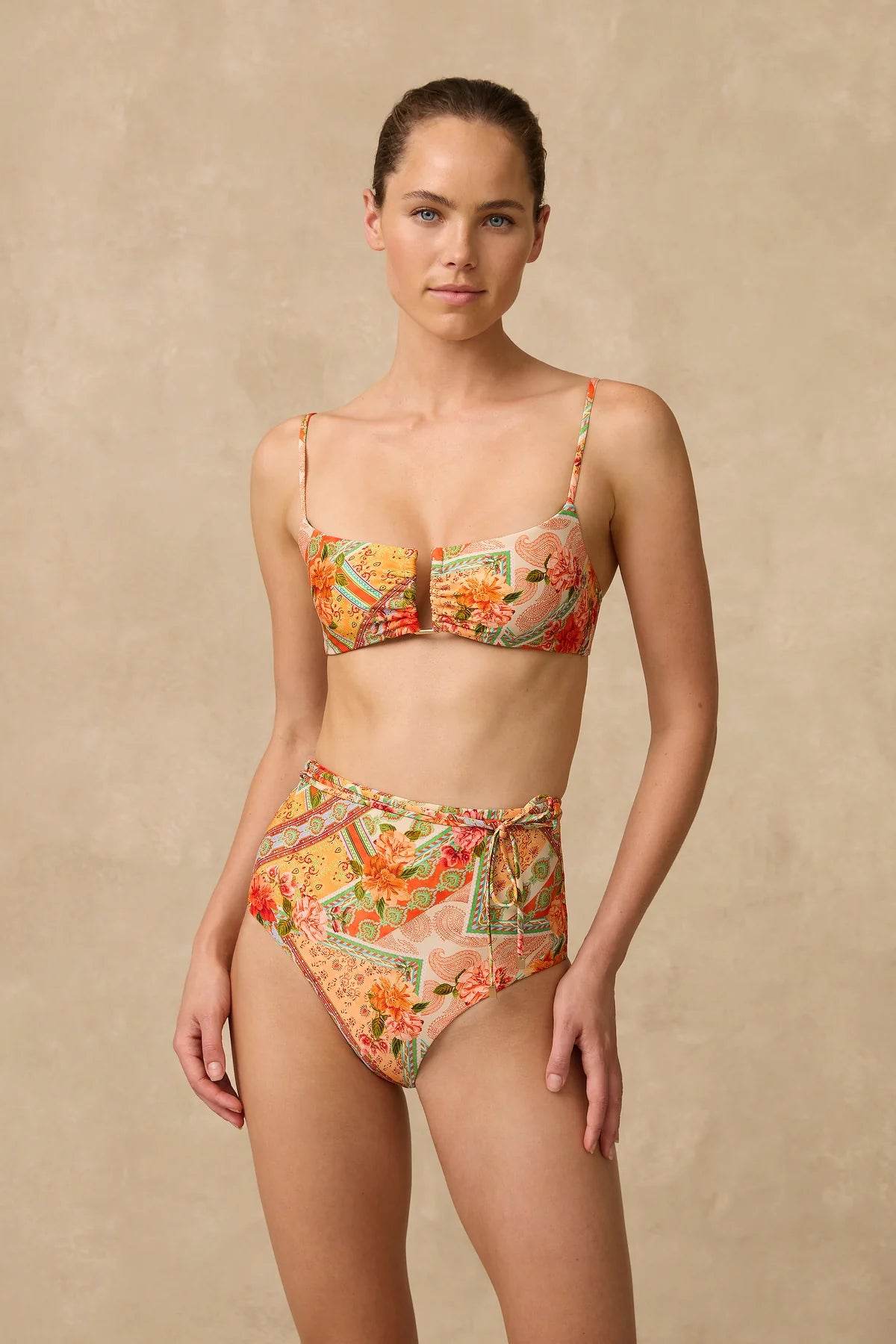 The Rhiannon U Wire Bralette is a crop shape with shallow scoop neckline and gathered centre with gold U wire and adjustable straps.