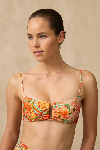 The Rhiannon U Wire Bralette is a crop shape with shallow scoop neckline and gathered centre with gold U wire and adjustable straps.