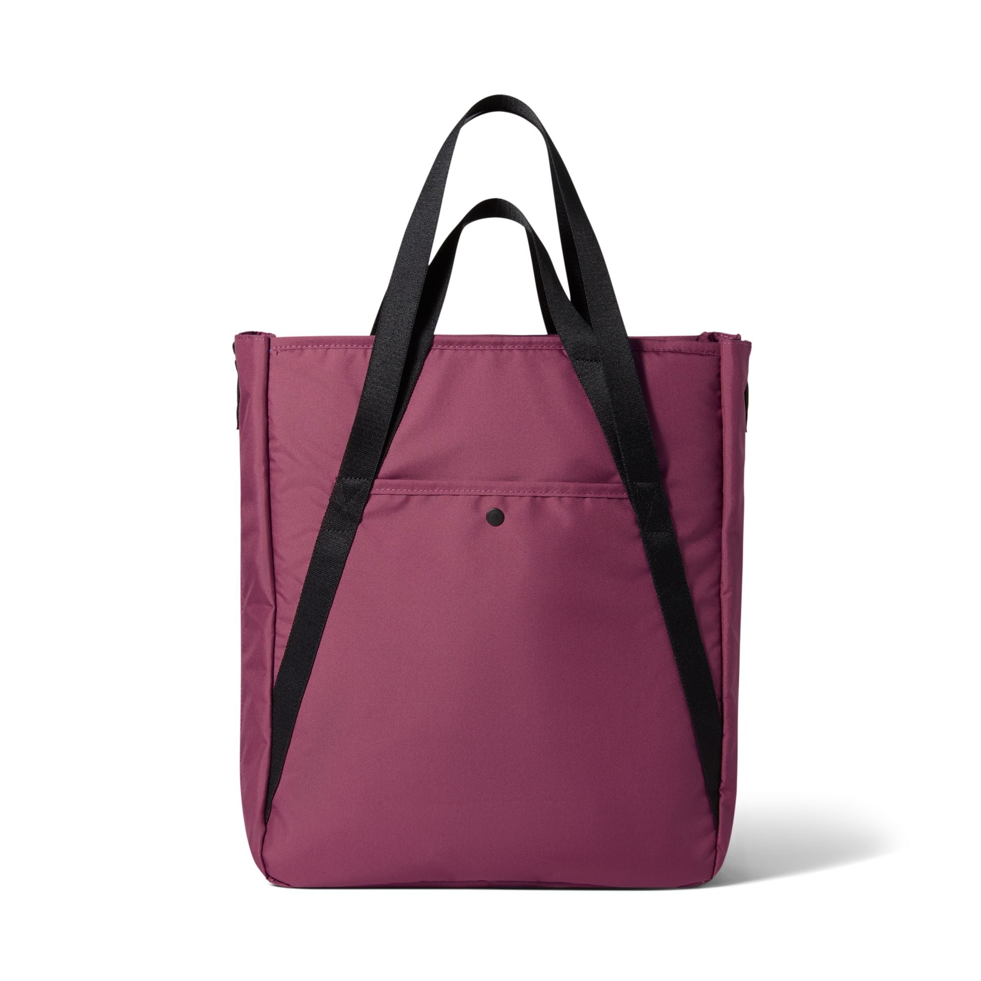 A structured tote bag in a dusty plum purple color with black shoulder straps, shown against a plain white background.