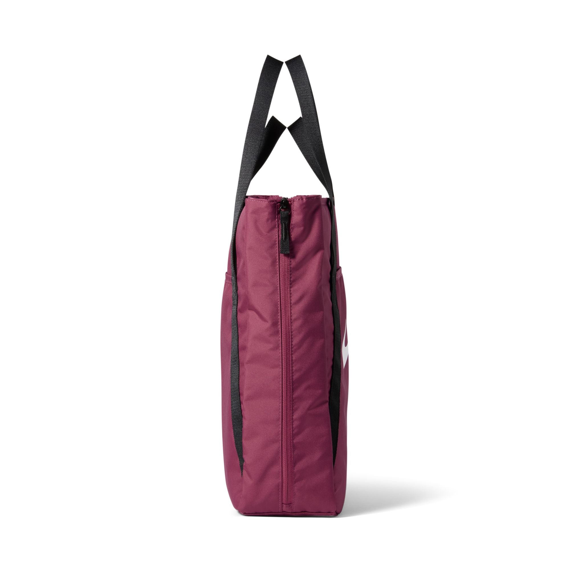 A side profile view of a burgundy tote bag with black shoulder straps and black side accents, shown against a plain white background.
