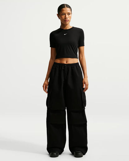 Women's Mid-Rise Oversized Woven Cargo Trousers - Black