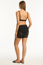 Premium lightweight stretch mesh Adjustable drawstring front skirt Contrast drawstring ties Mini length hem