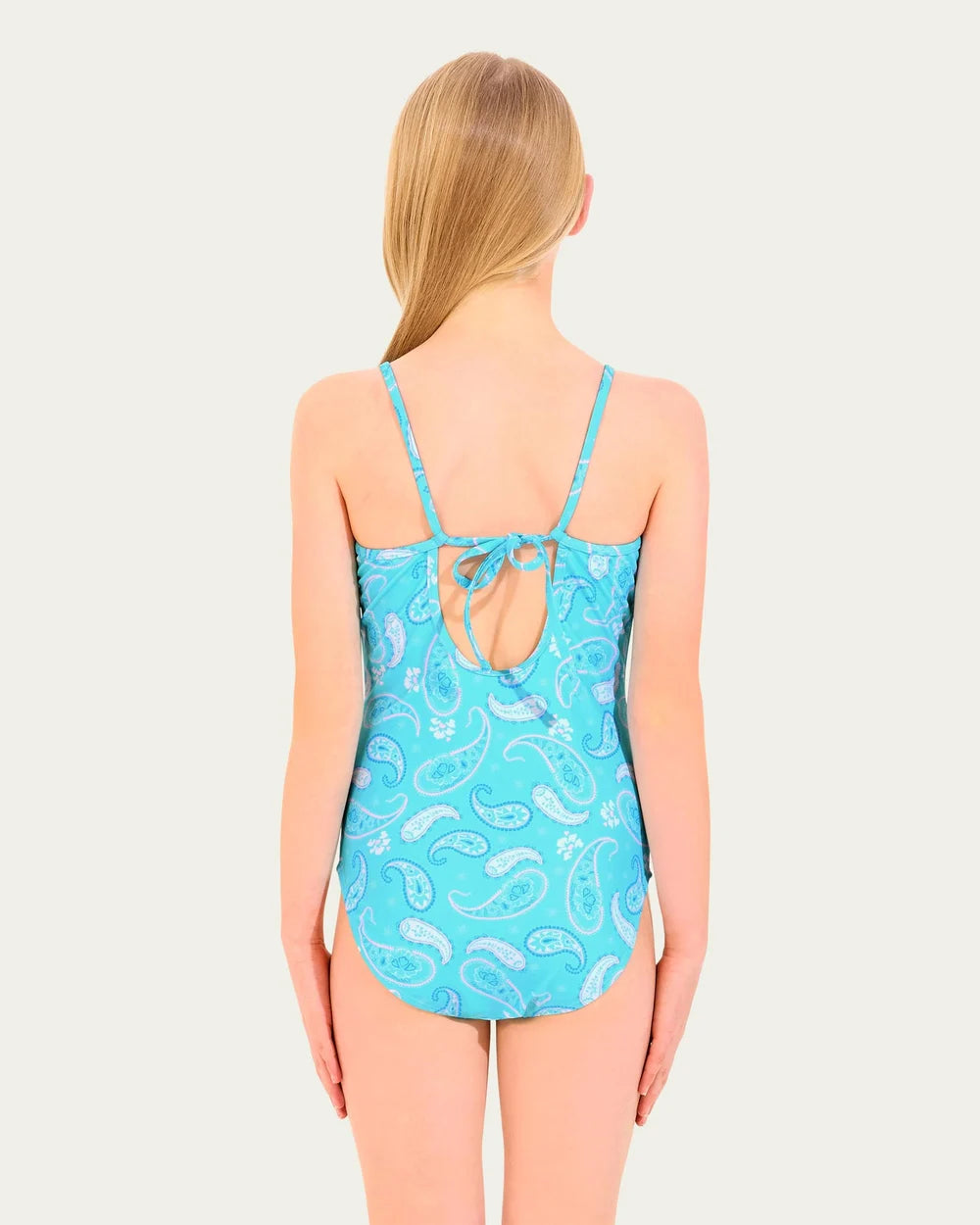 - Square neckline
- Self-tie fastening at the back; keyhole detail
- Narrow shoulder straps
- All-over paisley print motif