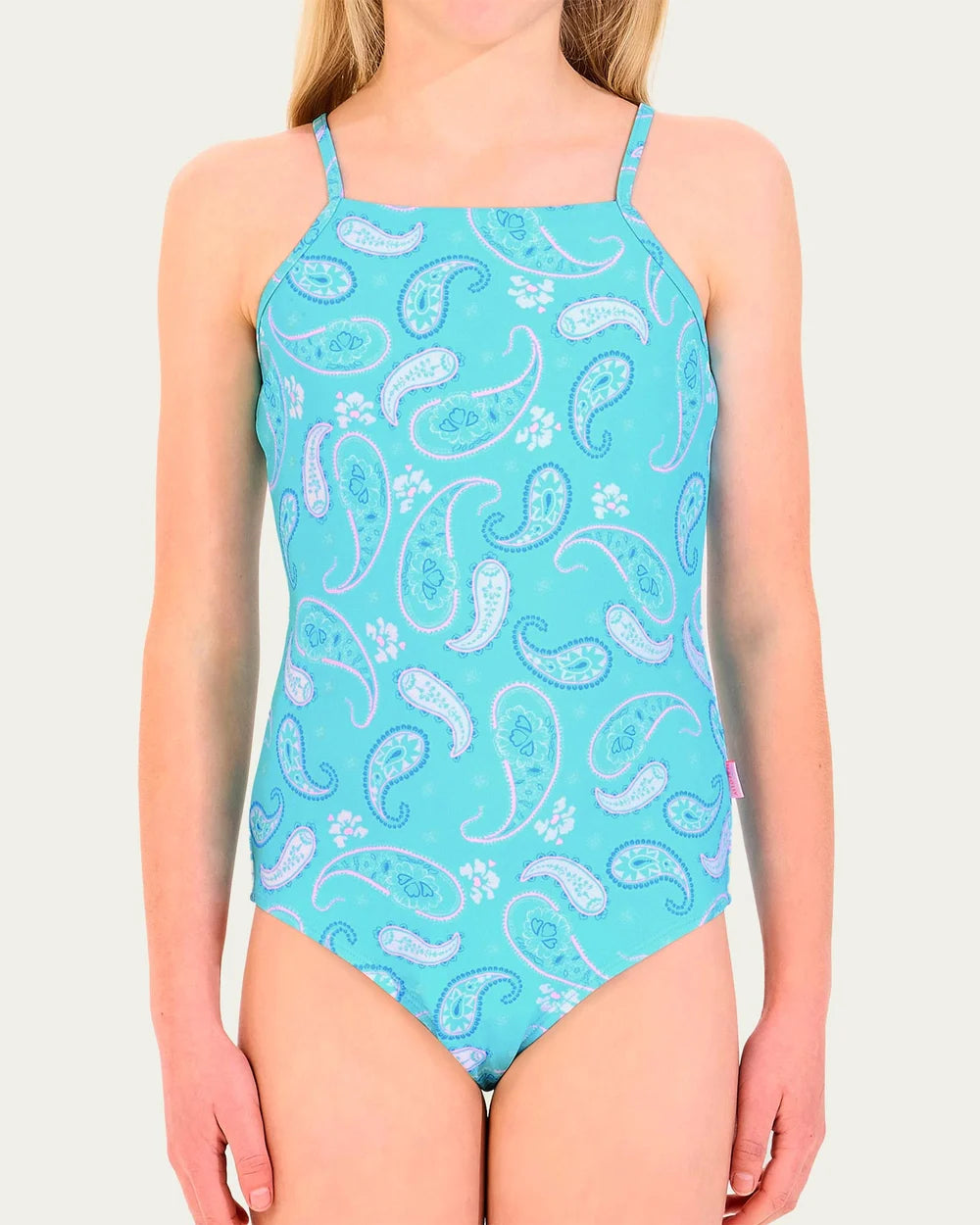 - Square neckline
- Self-tie fastening at the back; keyhole detail
- Narrow shoulder straps
- All-over paisley print motif