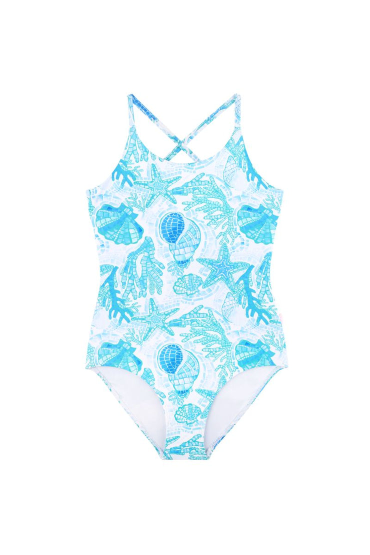 Seafolly Girls La Mer Tie Back One Piece in Blue features a round neckline, tie at back to adjust straps, and fully lined for modesty.