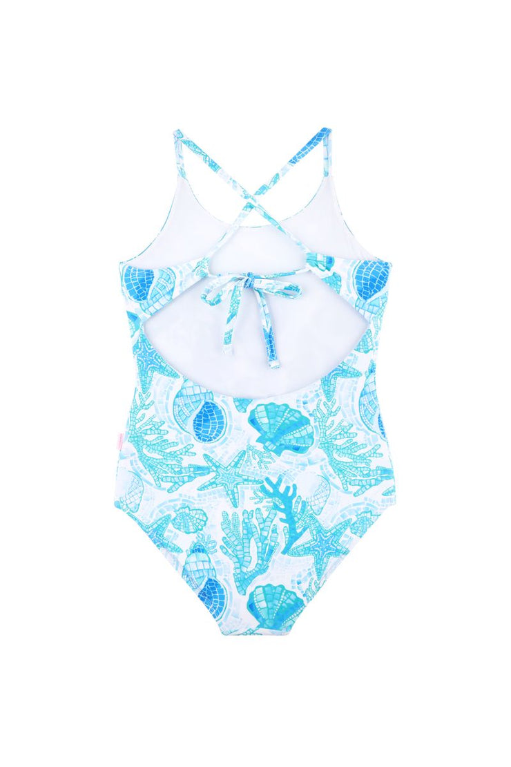 Seafolly Girls La Mer Tie Back One Piece in Blue features a round neckline, tie at back to adjust straps, and fully lined for modesty.