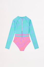 Seafolly Girls Palm Springs Spliced Surfsuit with;  High, round neckline Back zipper with strap for easy on/off Long sleeves for extra coverage Contrast splice design UPF 50+ Sun Protection Ribbed fabrication Made from: 82% Polyester / 18% Elastane