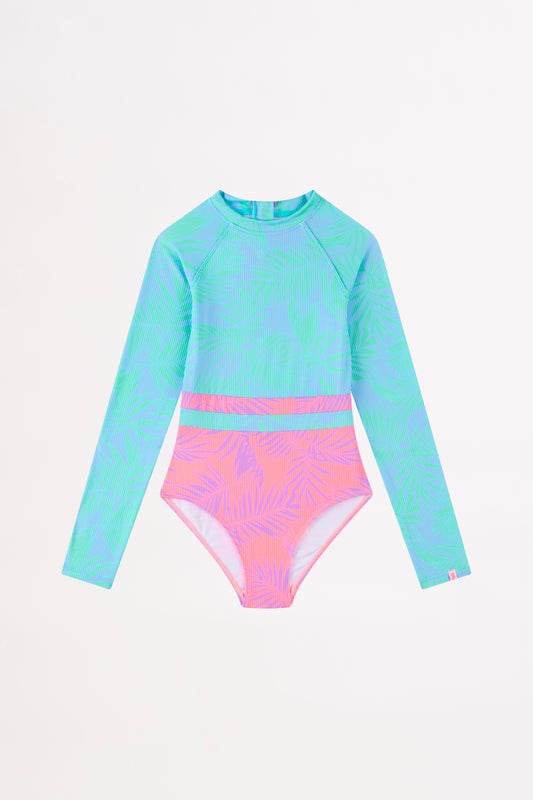 Seafolly Girls Palm Springs Spliced Surfsuit with;  High, round neckline Back zipper with strap for easy on/off Long sleeves for extra coverage Contrast splice design UPF 50+ Sun Protection Ribbed fabrication Made from: 82% Polyester / 18% Elastane