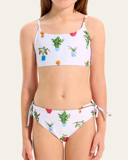 Girls Playa Bonita set features a crop top, adjustable straps, adjustable tie back, coordinating hipster pant, and is fully lined