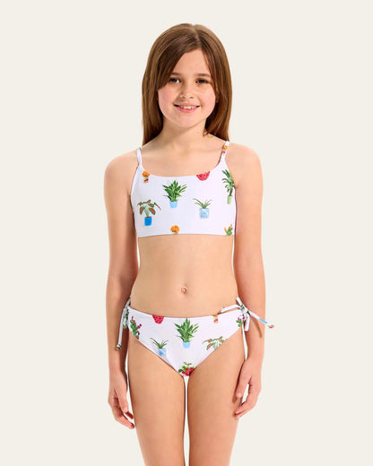Girls Playa Bonita set features a crop top, adjustable straps, adjustable tie back, coordinating hipster pant, and is fully lined