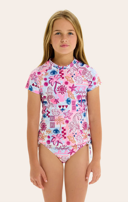 High neck
Short sleeves
Modest Bikini Bottom
This is a Set
Colourful mermaid and tropical print