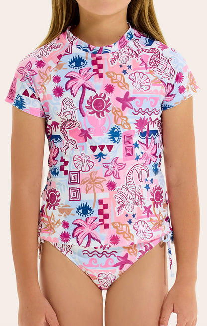 High neck
Short sleeves
Modest Bikini Bottom
This is a Set
Colourful mermaid and tropical print