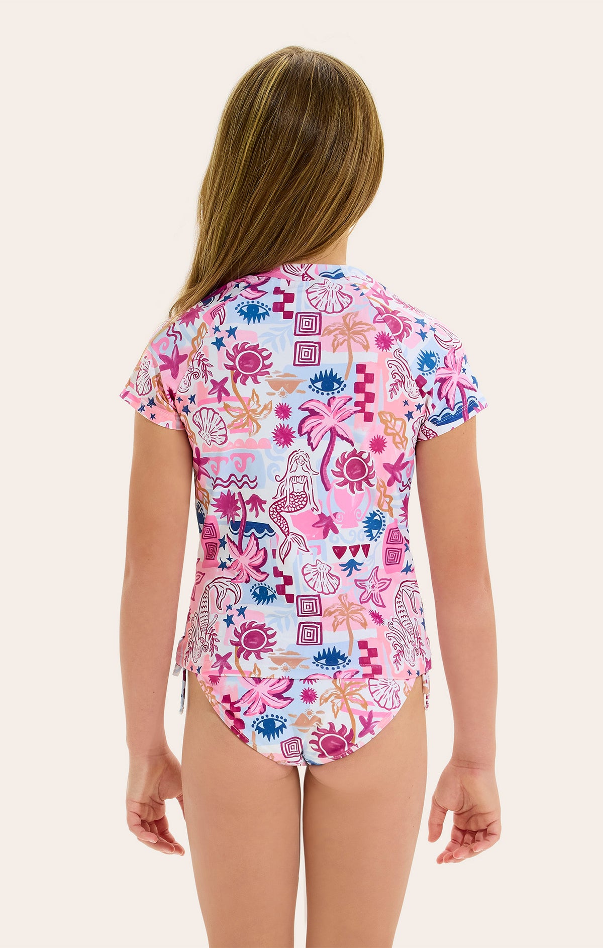 High neck
Short sleeves
Modest Bikini Bottom
This is a Set
Colourful mermaid and tropical print