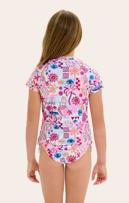 High neck
Short sleeves
Modest Bikini Bottom
This is a Set
Colourful mermaid and tropical print