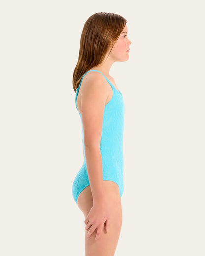 Seafolly Girls Terry One Piece features a round neckline, adjustable straps, textured, embossed terry fabrication and is fully lined for modesty.