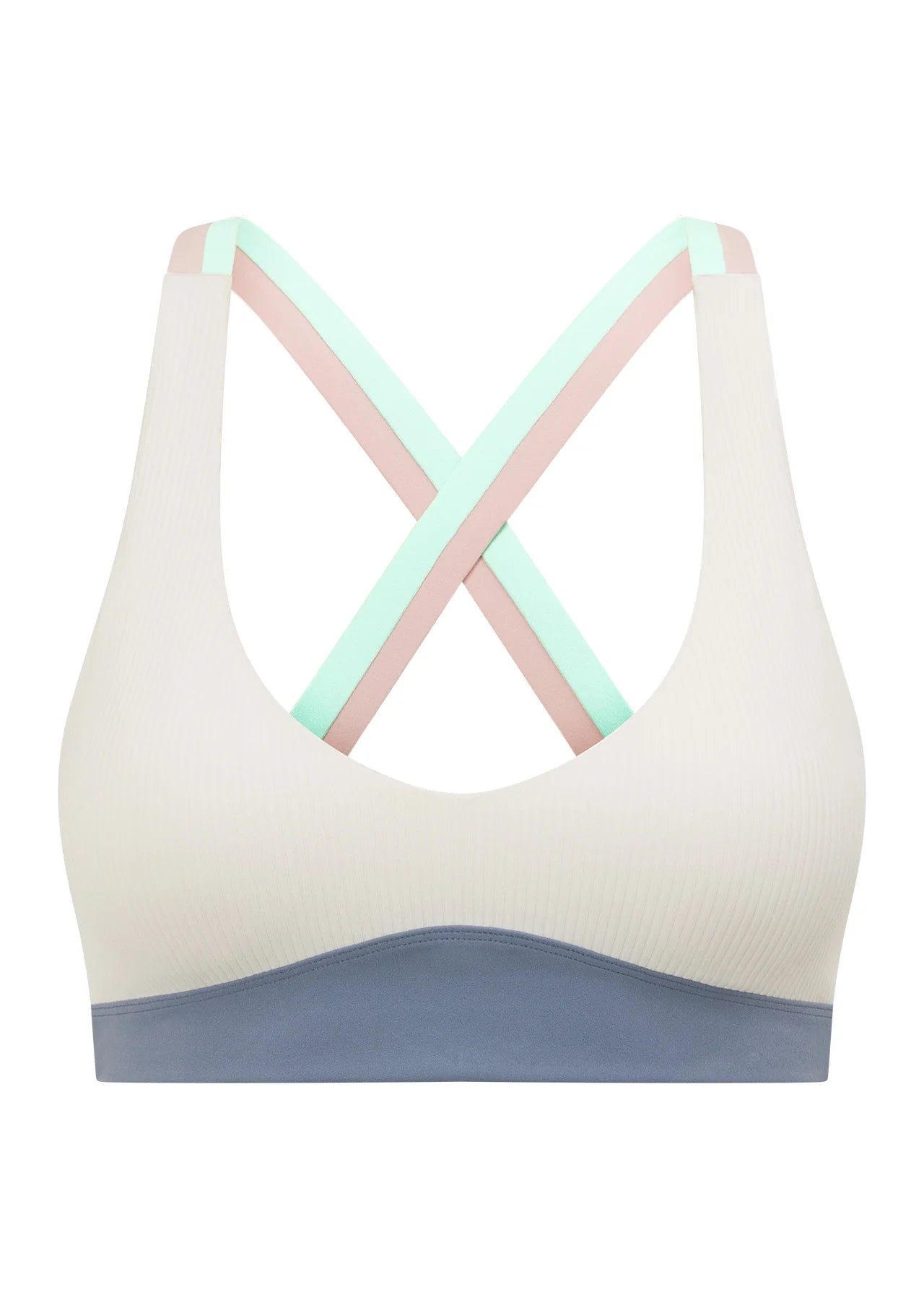 
Cross Back Straps Provides High Support 
Retro Sport Inspired Contrast Panelling 
Form Flattering V Neckline silhouette
Curve Contouring Underbust Panel
Raised Iconic Logo at Back