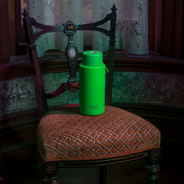 Stainless Steel Ceramic Reusable 1 ltr Bottle with Straw - Neon Green