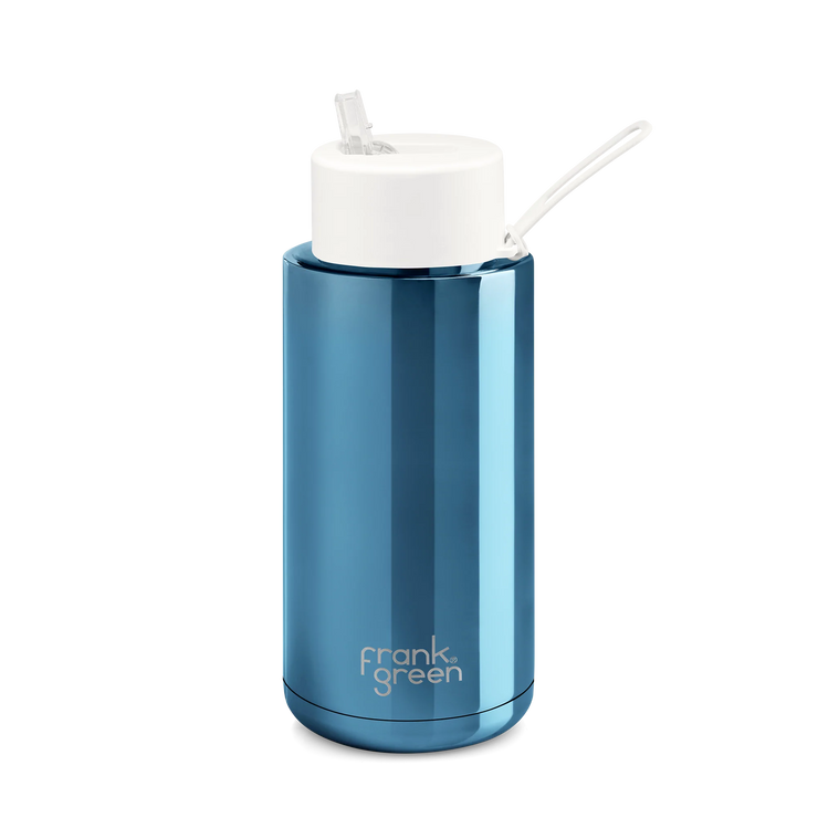 Chrome Blue Ceramic Reusable Bottle with Cloud Straw Lid - 34oz / 1,000ml