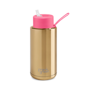 Chrome Gold Ceramic Reusable Bottle with Neon Pink Straw Lid - 34oz / 1,000ml