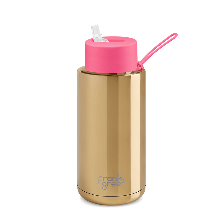 Chrome Gold Ceramic Reusable Bottle with Neon Pink Straw Lid - 34oz / 1,000ml