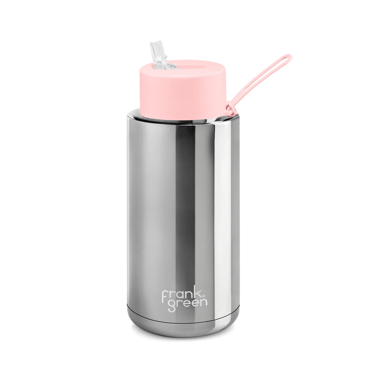 Chrome Silver Ceramic Reusable Bottle with Blushed Straw Lid - 34oz / 1,000ml