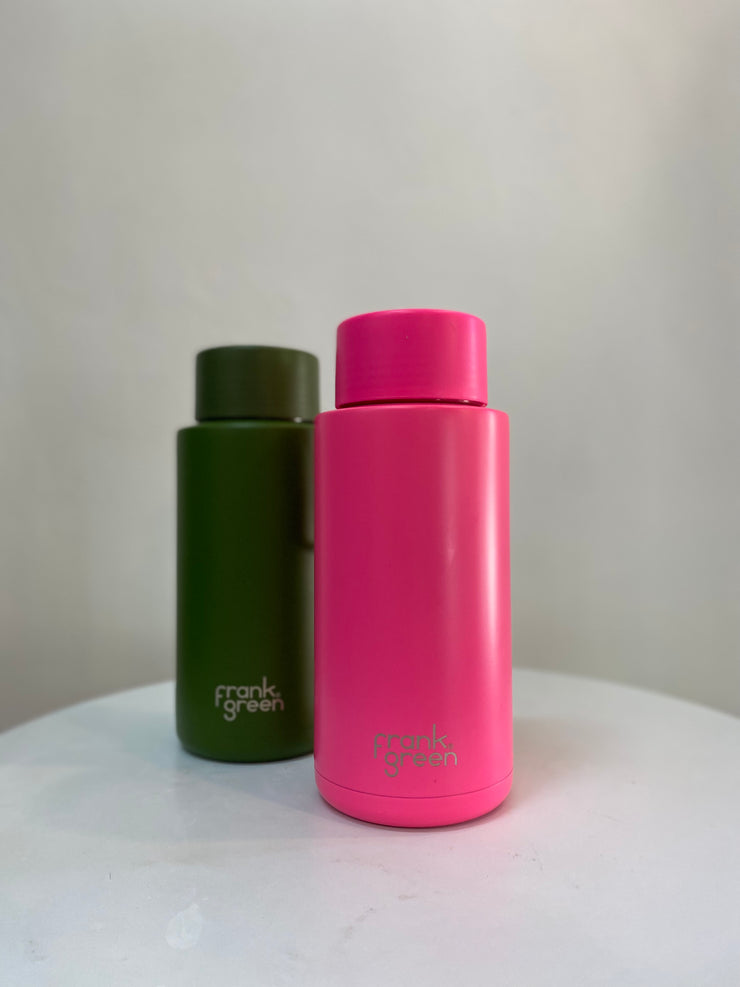 Stainless Steel Ceramic Reusable 1 ltr Bottle with Straw - Neon Pink
