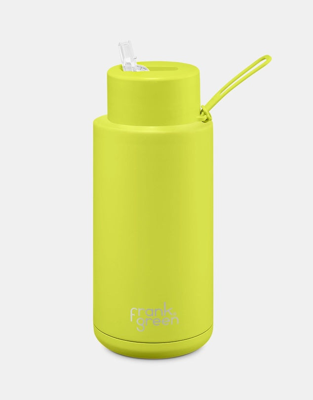 Stainless Steel Ceramic Reusable 1 ltr Bottle with Straw - Neon Yellow
