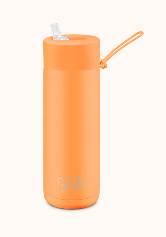 Frank Green Stainless Steel Ceramic Reusable Bottle - 595ml - Neon Orange - Straw Lid