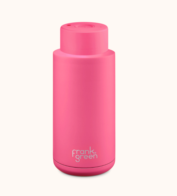 Stainless Steel Ceramic Reusable 1 litre Bottle with Push Button - Neon Pink