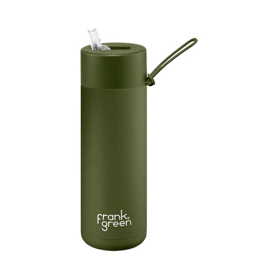 Frank Green Stainless Steel Ceramic Reusable Bottle - 595ml - Khaki - Straw Lid