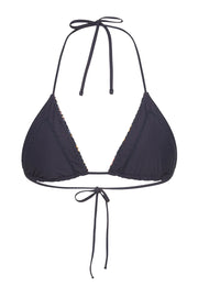 The Yara Reversible Tri Bikini Top is fully reversible with the handcrafted details we are known for. Delicate tonal embroidery stitch panels with blanket stitch around the outer edge. Wear it print or reverse to classic Khaki.  Fits an A Cup up to a C Cup Bust fitting Adjustable halter and back ties in Khaki Tonal embroidery stitch and blanket stitch detail on both the print and plain