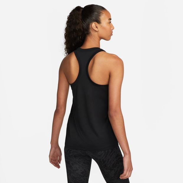 Nike Dri-FIT Women's Racerback Tank Turn up the heat in this sweat-wicking racerback tank. A roomy fit through the body and hips has a relaxed feeling that lets you move freely wherever your workout takes you.  Nike Dri-FIT technology moves sweat away from your skin for quicker evaporation, helping you stay dry and comfortable. Racerback straps help air flow and let you move freely.