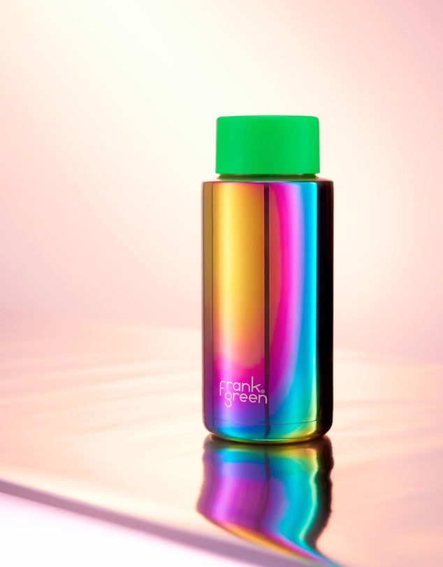 Chrome Rainbow Ceramic Reusable Bottle with Neon Green Straw Lid - 34oz / 1,000ml
