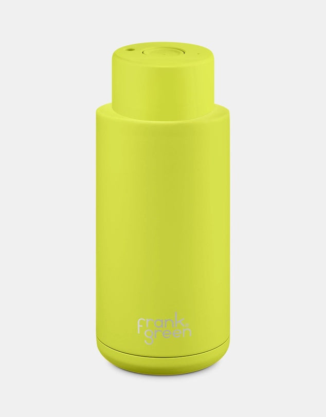 Stainless Steel Ceramic Reusable 1 litre Bottle with Push Button - Neon Yellow