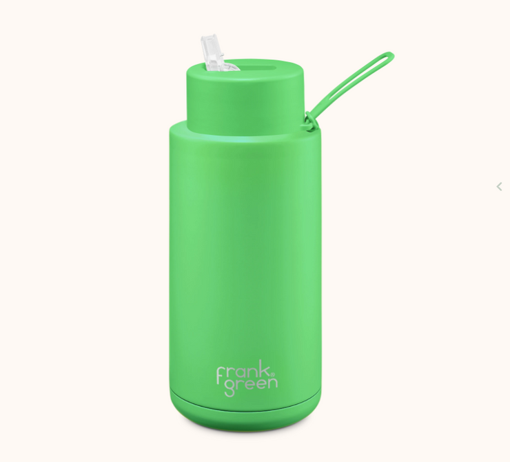 Stainless Steel Ceramic Reusable 1 ltr Bottle with Straw - Neon Green