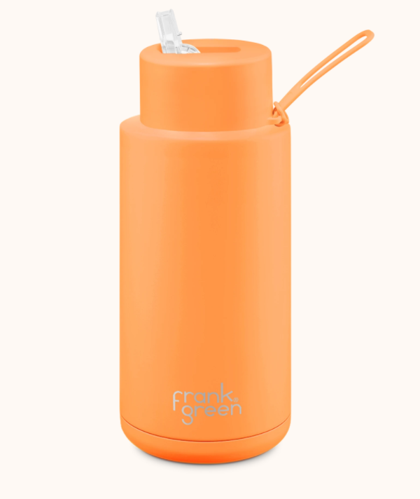 Stainless Steel Ceramic Reusable 1 ltr Bottle with Straw - Neon Orange