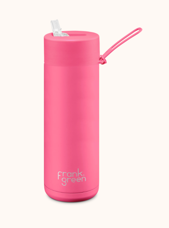 Frank Green Stainless Steel Ceramic Reusable Bottle - 595ml - Neon Pink - Straw Lid