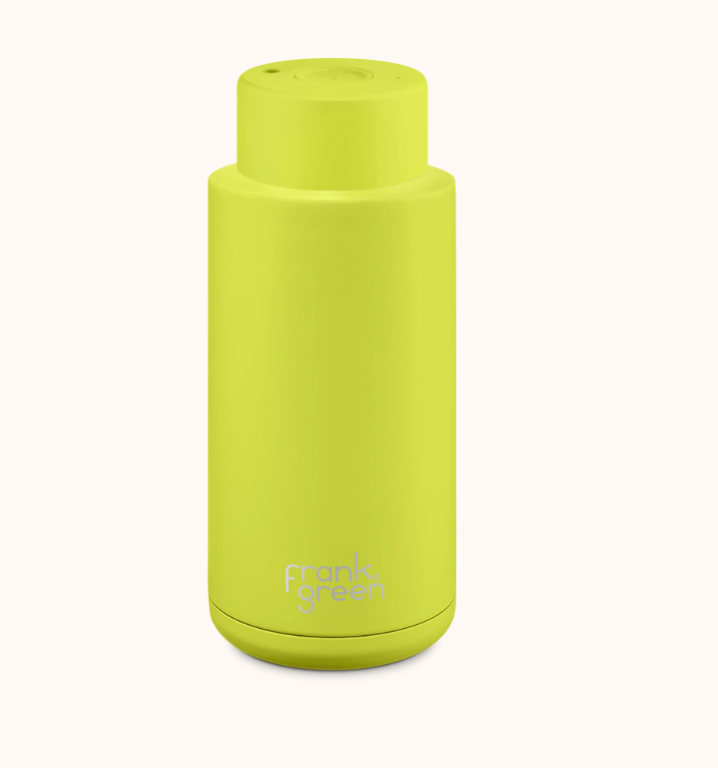 Stainless Steel Ceramic Reusable 1 litre Bottle with Push Button - Neon Yellow